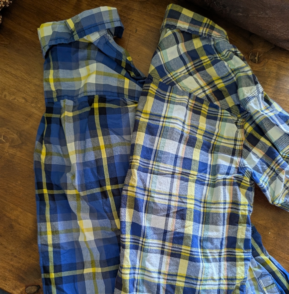 2 Blue and Yellow Plaid Button-Up Shirts